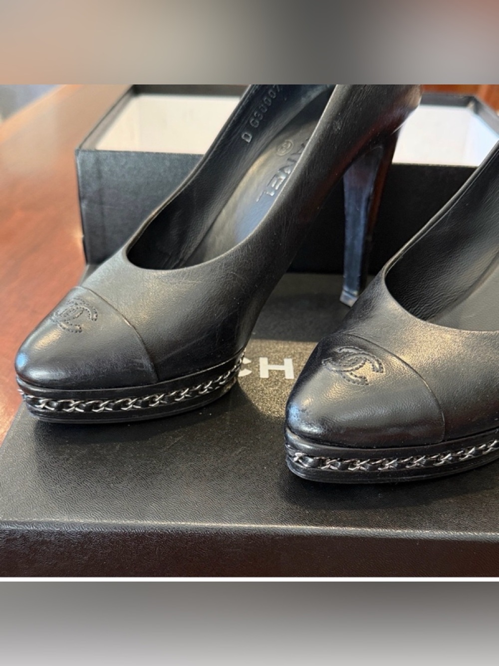 CHANEL Black Leather Cap-Toe Chain-Trim Platform Pumps with box